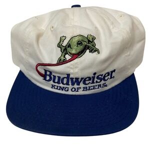Vintage Budweiser Frog Hat Snapback King of Beers White Blue Made in USA 90s